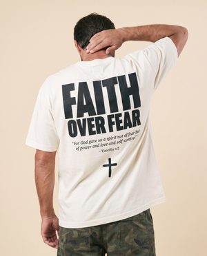 Faith Over Fear MONOCHROME tee, white, back print edition, man, hand on neck