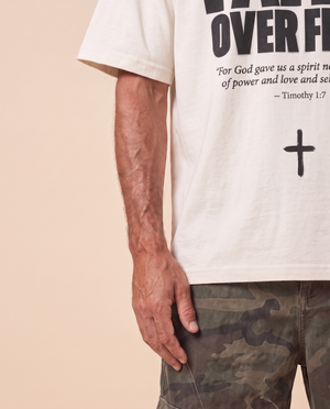 Faith Over Fear MONOCHROME tee, white, front print, man, side sleeve