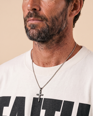 Faith Over Fear MONOCHROME tee, white, front print, man, chain detail