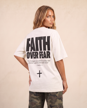 Faith Over Fear MONOCHROME tee, white, back print edition, woman, back print