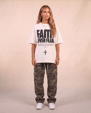 Faith Over Fear MONOCHROME tee, white, front print, woman