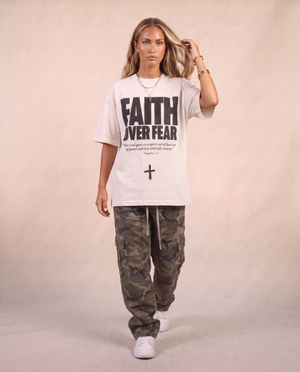 Faith Over Fear MONOCHROME tee, white, front print, woman, hand in hair