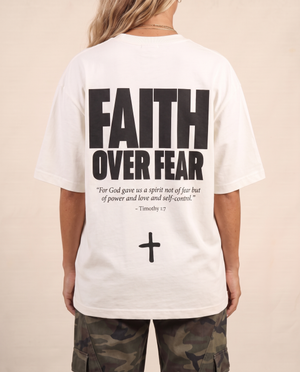 Faith Over Fear MONOCHROME tee, white, back print edition, woman, back print