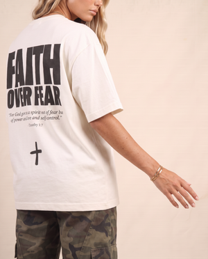 Faith Over Fear MONOCHROME tee, white, back print edition, woman, back glance
