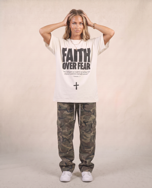 Faith Over Fear MONOCHROME tee, white, front print, woman, hands behind head