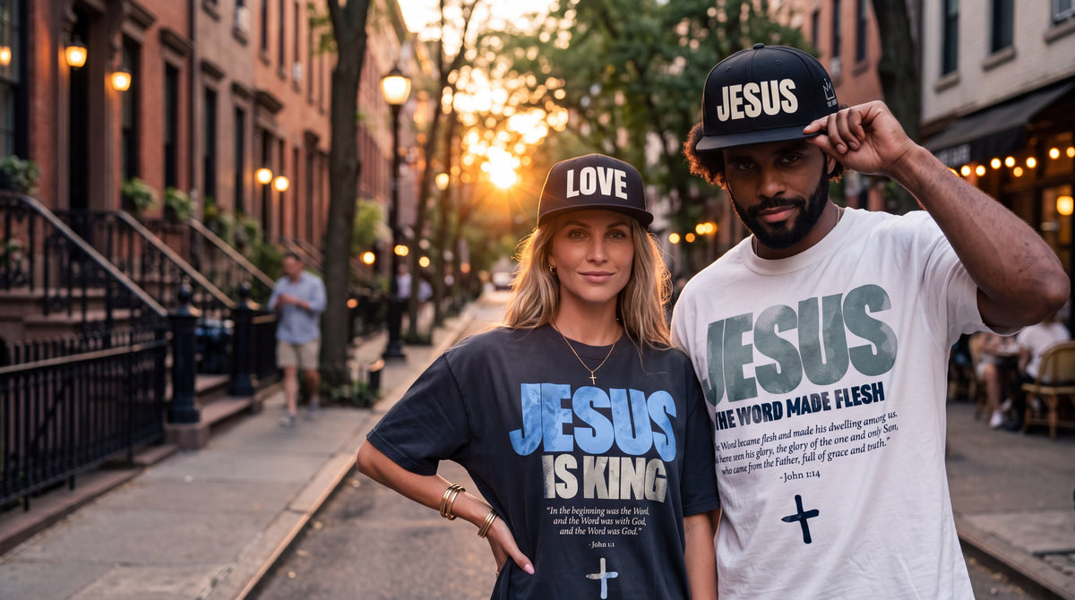 Man and woman in the JESUS and LOVE snapback caps in the West Village at sunset, The Word