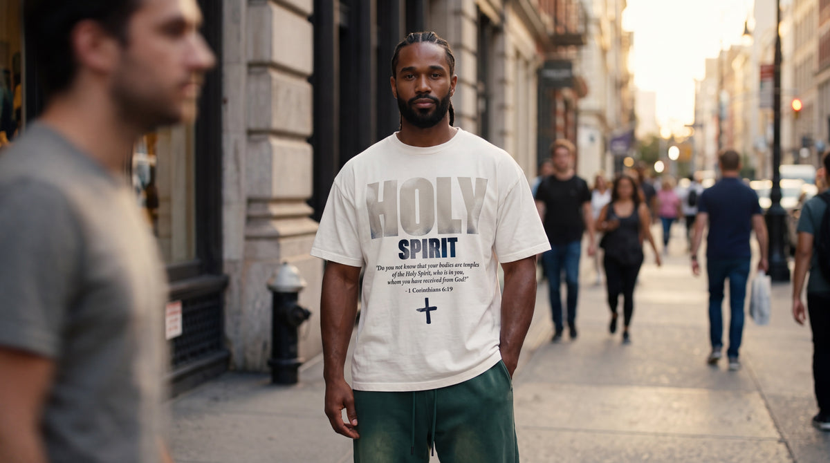 Man in the white Holy Spirit tee on a New York sidewalk, The Word